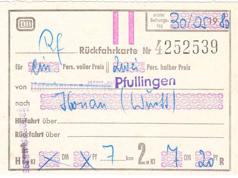 Letzte im Personenverkehr der Echazbahn durch stv. Bürgermeister Theo Götz gelöste Fahrkarte vom 30. Mai 1980