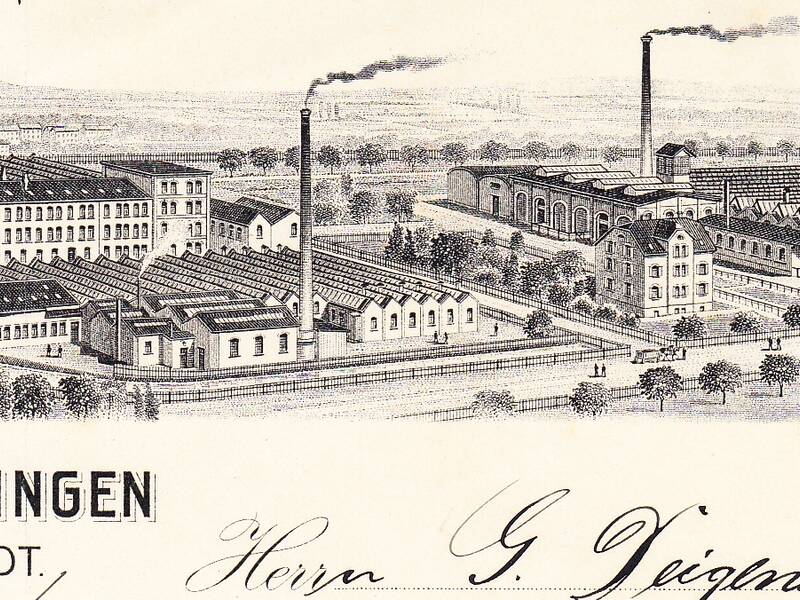 Die Fabrikanlagen der Firma Gebrüder Burkhardt in Pfullingen und Mössingen auf einem Briefkopf der Firma, 1916