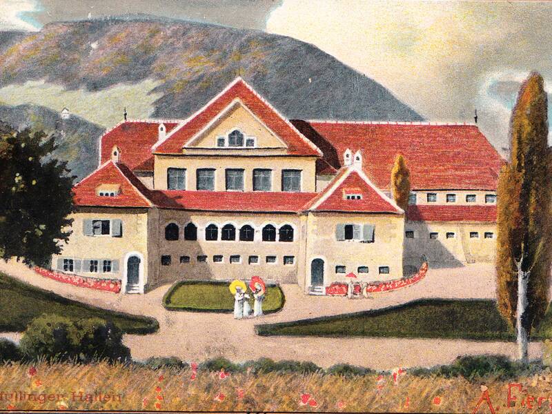 Die Pfullinger Hallen als Postkartenmotiv nach einem Bild von Albert Fierz, 1910