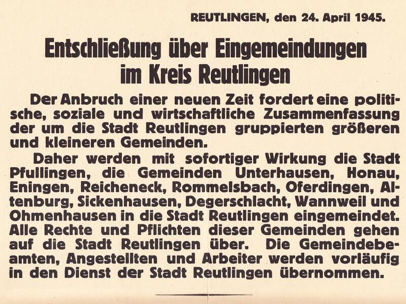 Bekanntmachung der Eingemeindungen nach Reutlingen