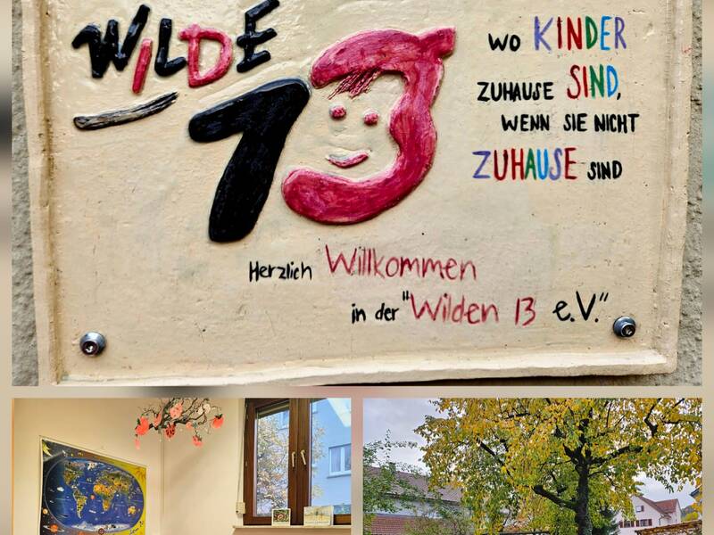 3 Bilder, eines mit Schriftzug Wilde 13, eines mit einer blau-roten Sitzgruppe unter einem Fenster, eines mit einem großen Garten mit Schaukel und Sandkasten